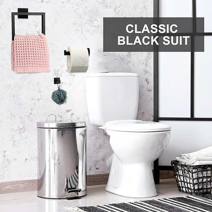 Gisafai 5 Pcs Bathroom Hardware Accessories Set 23.6 Inch Bath Towel Bar Kit Stainless Steel Bathroom Hardware Set Towel Racks Ring Hooks Paper Holder for Wall Mounted (Black)