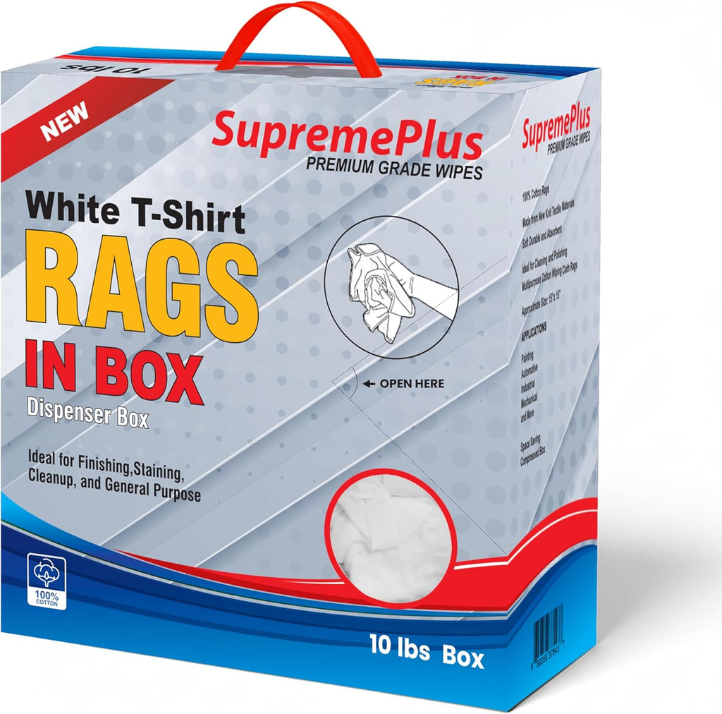 Premium White T-Shirt Cleaning Rags (10 lbs. Compressed Box - Pack of 4) – White Cotton Cloths for Cleaning, Staining, Painting, Oil, Grease & Dust Removal