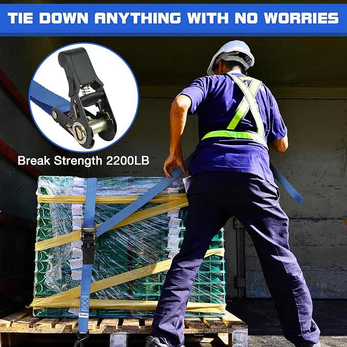 Ratchet Straps Heavy Duty 4 Pack 15 FT 2200 LB Break Strength Cargo Hold Tie Down Straps with Safety Lock S Hooks for Moving, Appliances,Box,Motorcycle, Soft Loop Securing,RV,Car,Camping Accessories