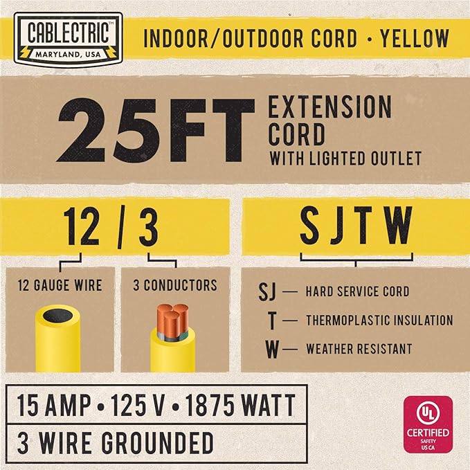 25 Ft Outdoor Extension Cord - 15 Amp 12/3 SJTW Heavy Duty Yellow 12 Gauge Lighted Electrical Cable with 3 Prong Grounded Plug