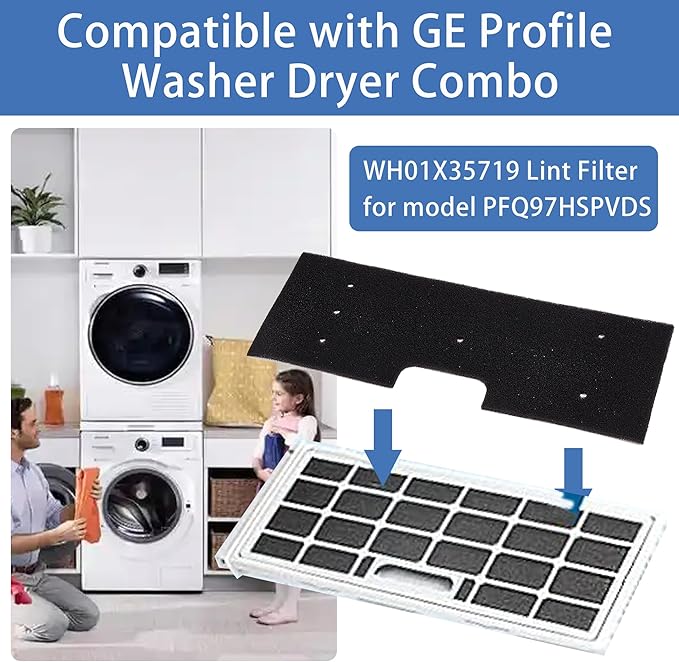 6 Pcs WH01X35719 Lint Filter replacement with Dryer Vent Brush, for GE Profile Washer Dryer Combo, GE Washer Dryer Foam Filter, Washable and Reusable, for Models: PFQ97HSPVDS