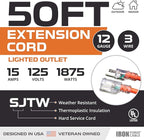 IRON FORGE CABLE 50 Ft Orange Extension Cord - 12/3 SJTW Heavy Duty Lighted Outdoor Extension Cable with 3 Prong Grounded Plug for Safety, 15 AMP - Great for Garden & Major Appliances