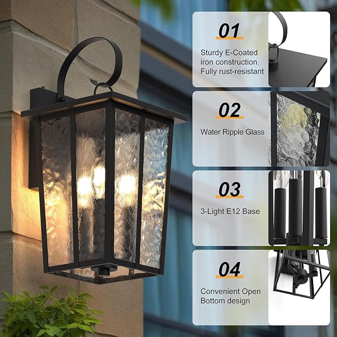18.58INCH Large Dusk to Dawn Outdoor Lighting, Exterior Lighting Fixtures with Water Ripple Glass, Waterproof Modern Wall Sconces for House, Porch, Patio, Doorway