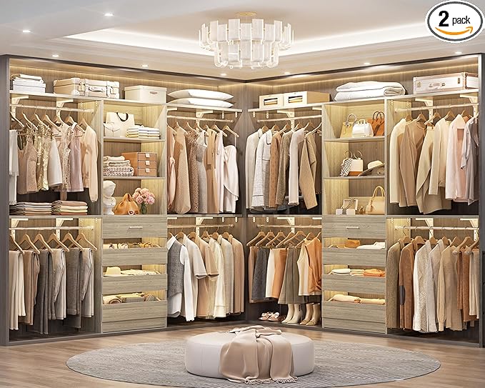 Aheaplus Closet System with Drawers Set of 2, Wood Closet Organizer System with 8 Hanging Rods & Top Shelves, Walk-in Closets Organizer Wardrobe Clothes Rack, Cut Fits Spaces 4-9FT. Wide, White Oak