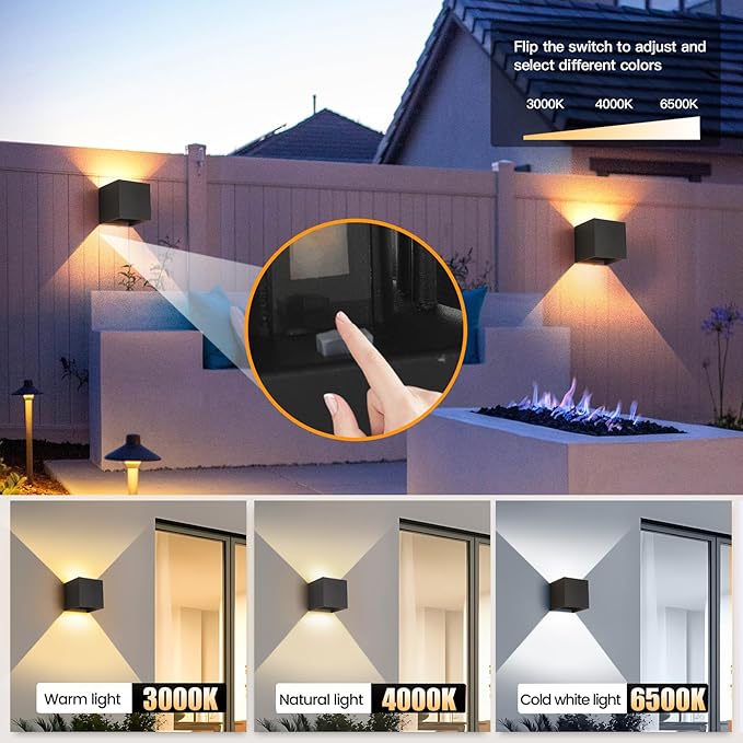 LED 15W Outdoor Wall Lights Exterior/Interior 3 Colors Adjustable Wall Light Fixture IP65 Waterproof Porch Exterior Wall Sconce Modern Outdoor Lighting Square Aluminum Black Up and Down Lights