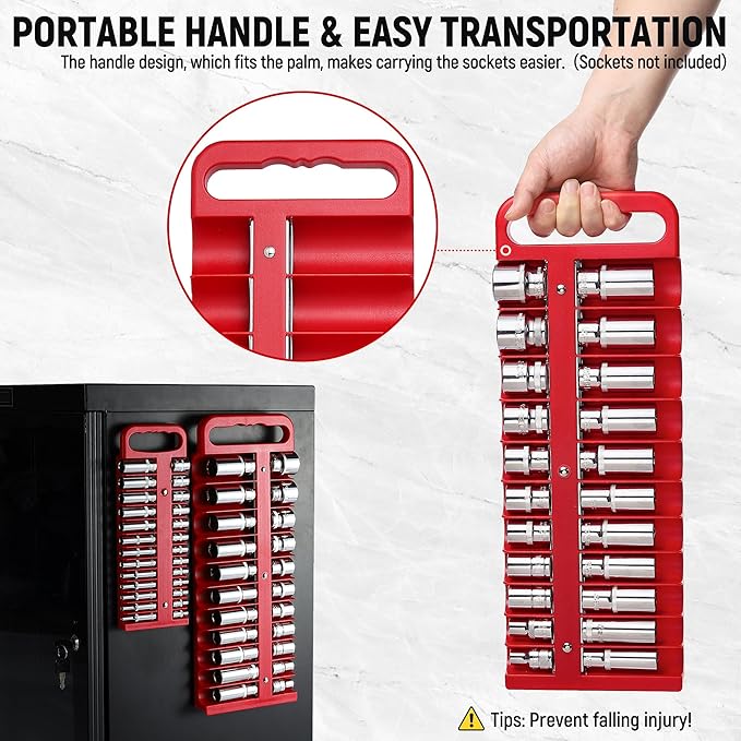 Magnetic Socket Organizer Set, 3-Piece Red Portable Magnetic Socket Holder Tray, Heavy Duty Socket Racks For 1/2-inch& 3/8-inch& 1/4-inch Drive, Hold 76 Sockets - Fit Shallow&Deep Sockets