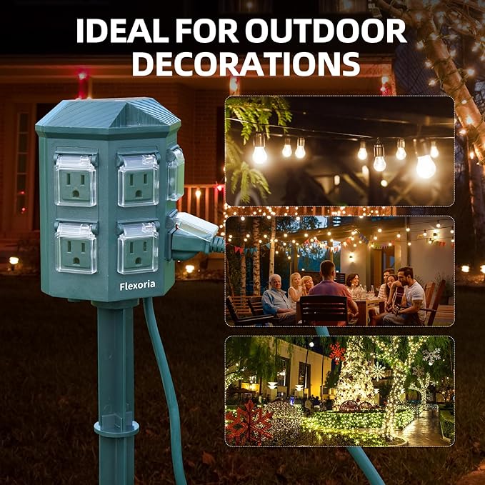 Flexora Outdoor Power Strip with 24-Hour Mechanical Timer, 100 FT Extension Cord Waterproof, 6 Grounded Outlets for Outdoor Christmas Decorations, ETL Listed