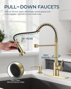FORIOUS Kitchen Faucet with Soap Dispenser, Gold Stainless Steel Single Handle Modern Spring Commercial Sink Faucet with Pull Down Sprayer for Laundry & Utility Room RV Camp Bar Farmhouse