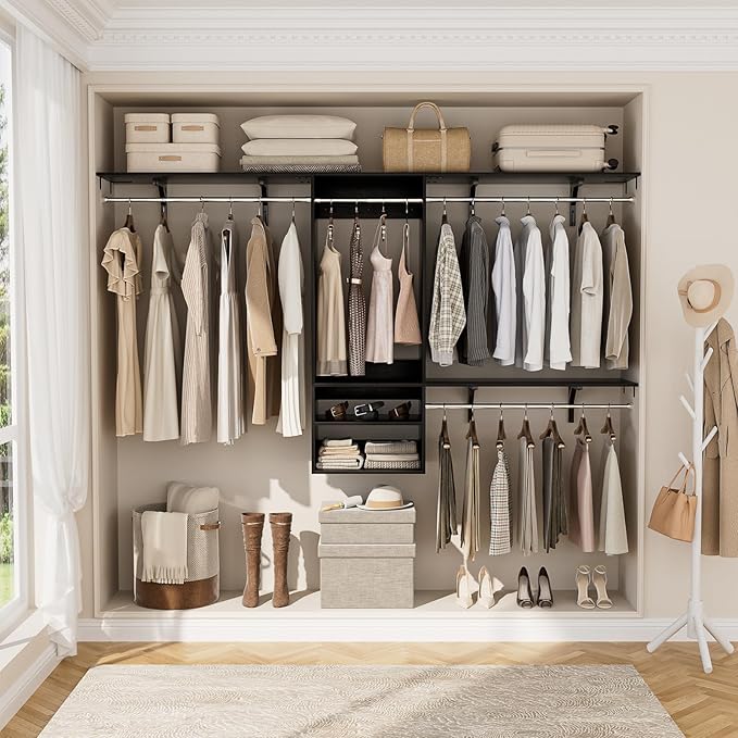 Cyclysio 96 Inch Closet Organizers and Storage, 8 FT Hanging Closet Organizer with 4 Adjustable Rods, Wardrobe Organizers with 3 Shelving Towers for 4-8FT Spaces(Cut-to-Fit), Black