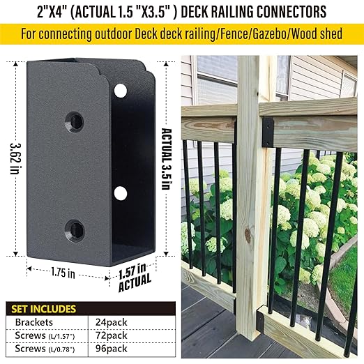 201 Stainless Steel 2" x 4" (Actually 1 ½" x 3 ½") Deck Railing Connector, for Deck Railing, Handrail, Barn and Beam end Connection Installation (24pc - Black)