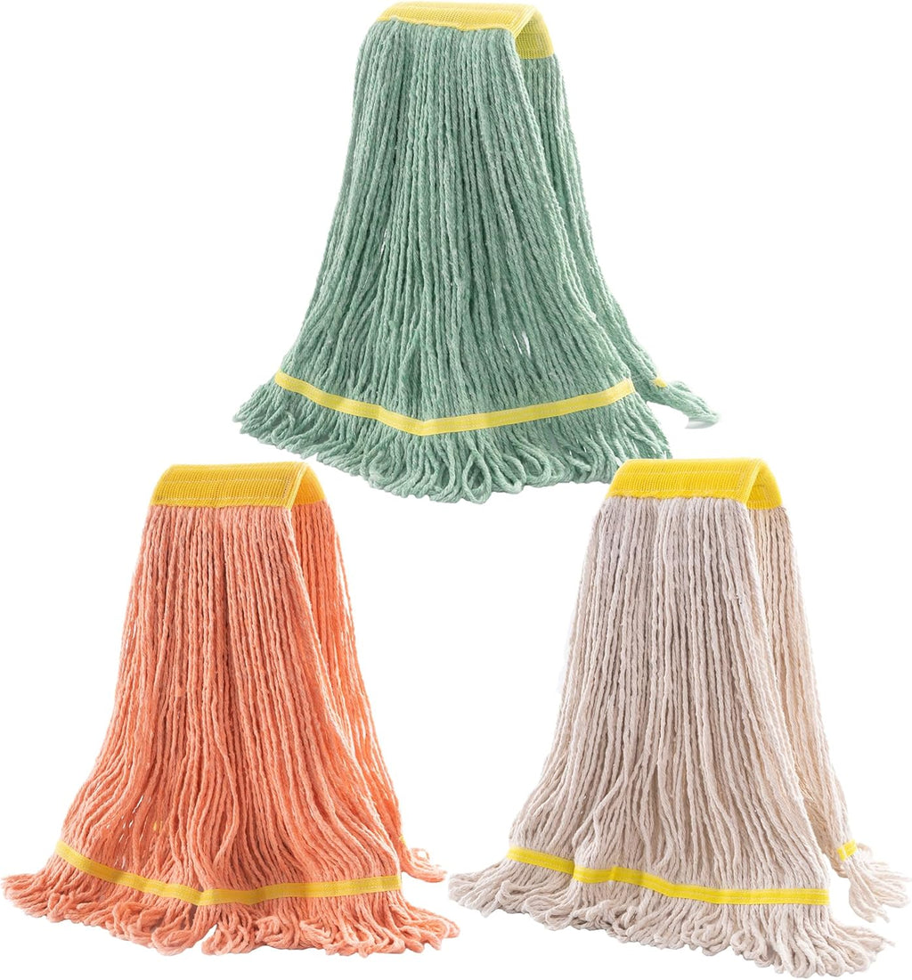 Matthew Cleaning 3Pcs 5'' Headband White&Orange&Green 24Oz Commercial String Mop Heads, Loop-End Mop Head Replacement, Heavy Duty Industrial Washable&Reusable Mop Refills for Residential& Warehouse