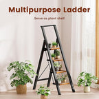 GameGem 4 Step Ladder, Lightweight Aluminum Folding Step Stool with Convenient Handgrip, Stepladders with Anti-Slip and Wide Pedal for Home Use Space Saving - Black+Woodgrain