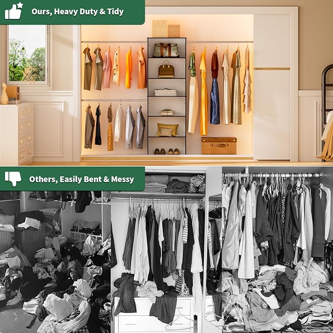 Closet System, 22.5" Wide Organizer with 3 Hanging Rods, Wood Tower Storage for Walk-In Closets, Wall-Mounted Wardrobe Organizer Kit, Black