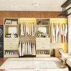 Unikito Closet System, 6-14FT Walk in Closet Organizer with 8 Drawers and Mirror, 168" Wood Closets Insert with Tower, Sturdy Wardrobe Closets Garment Rack with Extendable Hanging Rods, White Oak