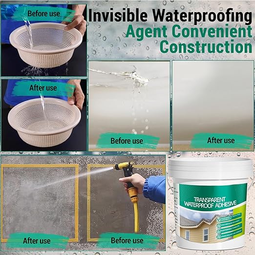 2.5Kg/101Fl.oz Transparent Waterproof Coating Invisible Waterproof Agent Set with Indoor&Outdoor Insulating Sealant with Wooden Brush Putty Knife Cut Resistant Work Gloves Paint Roller(3L/0.79Gal)