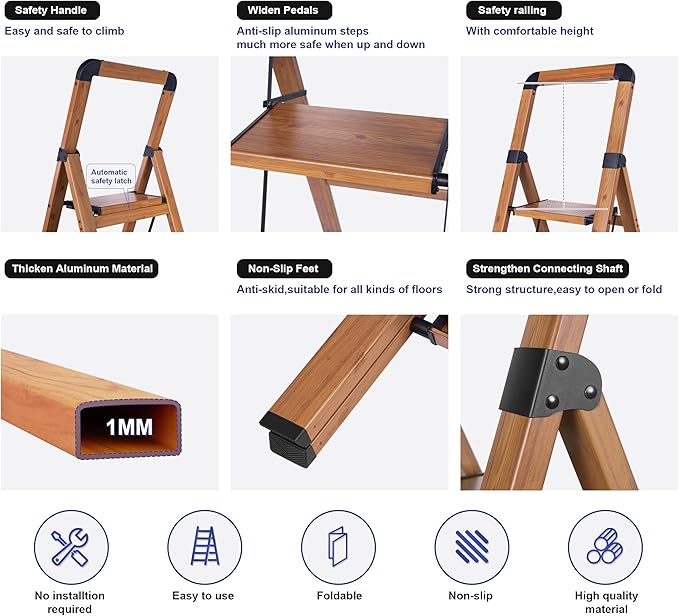Step Ladders Folding 5-Step Woodgrain Finish Aluminum Foldable Step Stool,Anti-Slip Portable Sturdy for Home & Kitchen Office 330 lbs