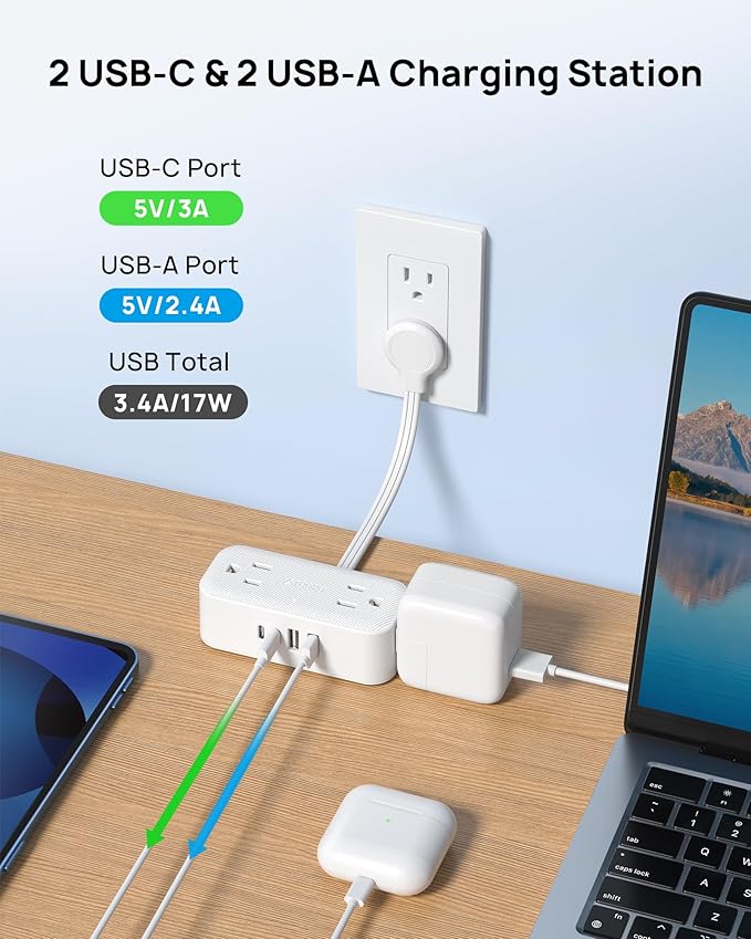 TROND Outlet Extender with 6 Inch Cord, Flat Plug Adapter with 4 Electrical Sockets and 4 USB Ports, Wall Mountable, Multi Plug Wall Outlet for Home Office Travel Dorm, Cruise Ship Essentials, White