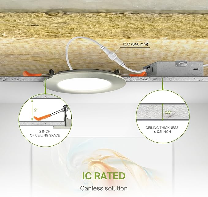 ASD 6 Pack LED Recessed Lighting 4 Inch 9W, 5 CCT 2700K-5000K CRI90+, IC Rated Ultra Thin Dimmable Ceiling Lights with J Box, Canless Wafer Downlight, Round Slim Panel Light, Energy Star ETL, Nickel