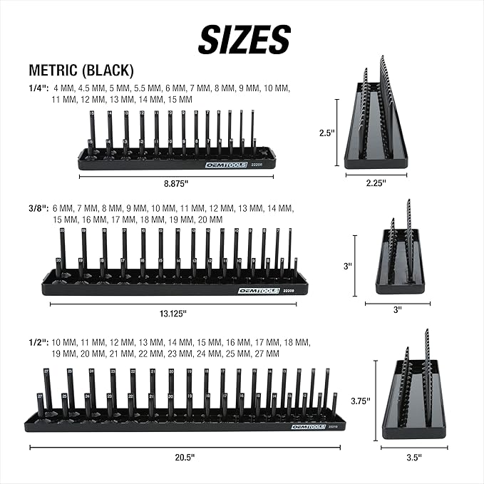 OEMTOOLS 22238 6 Piece SAE and Metric Socket Tray Set, SAE and Metric Socket Storage for Sizes 1/4", 3/8”, and 1/2" Drive, Socket Holders and Socket Organizer Tray for Toolbox, Black and Yellow