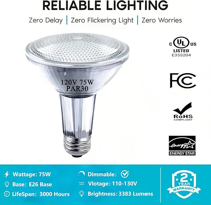 PAR30 Long Neck Halogen Bulbs, 120V 75W PAR30 Flood Light Bulb, Dimmable, E26 Medium Base, 2700K Warm Lighting, 3000 Hours for Recessed Light Bulb, 6 Pack