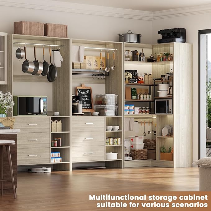 Aheaplus Closet System with 6 Drawers, 4 Hanging Rods & Corner Tower, Corner Closet System with Hanging,92.6" L-Shaped Walk-In Wardrobe Organizer, 2000+ lbs Capacity, Set of 3, White Oak