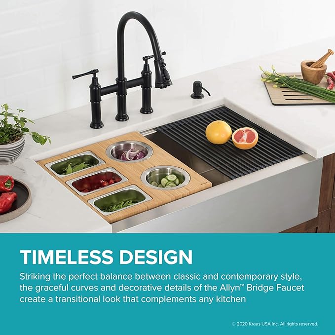 KRAUS Allyn Transitional Bridge Kitchen Faucet with Pull-Down Sprayhead in Matte Black, KPF-3121MB