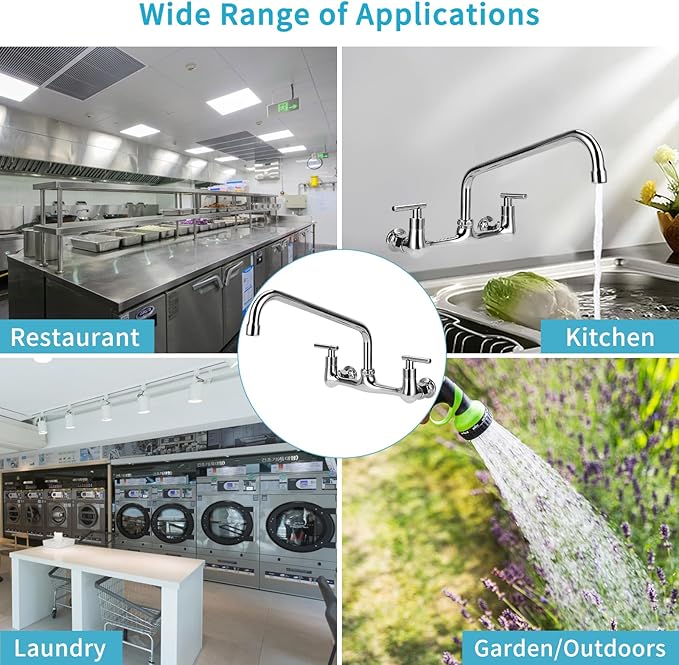 8" Center Wall Mount Kitchen Faucet with 12" Swivel Spout, 2 Handle Commercial Restaurant Sink Faucet for Compartment Sink & Home Kitchen Sink, Chrome Finish