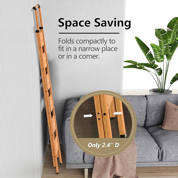 GameGem 6 Step Ladder for 12ft High Ceiling, Lightweight Aluminum Folding Step Stool with Convenient Handgrip, Stepladders with Anti-Slip and Wide Pedal for Home and Kitchen Use - Woodgrain (300 lbs)