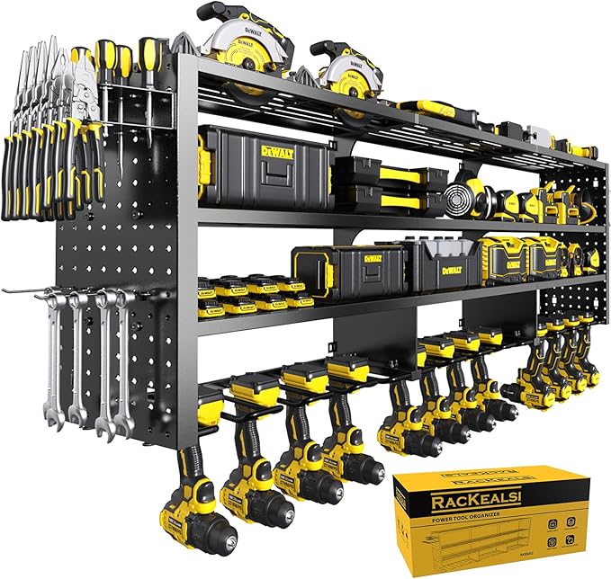 49" W Large Power Tool Organizer Wall Mount, 4 Layer Heavy Duty Metal Tool Storage Rack with 12 Drills Holder, Utility Racks for Garage Workshop, Ideal Garage Organization