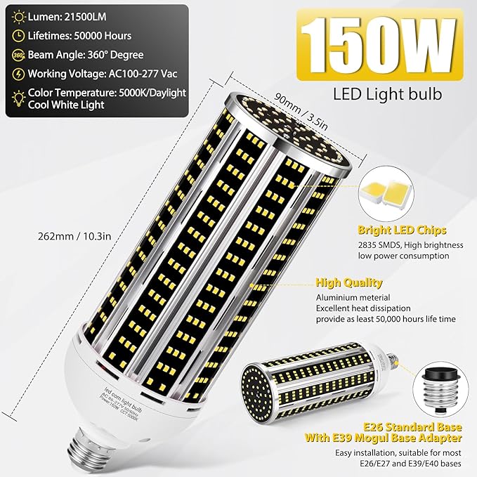 150W 4 pack LED Corn Light Bulb(1500W Equivalent ) ,Commercial Grade DayLight 5000K E26/E39 22900LM Medium Mogul Base LED Lamp,Large Area Lights For Outdoor Indoor Garage Warehouse Factory Bay Light