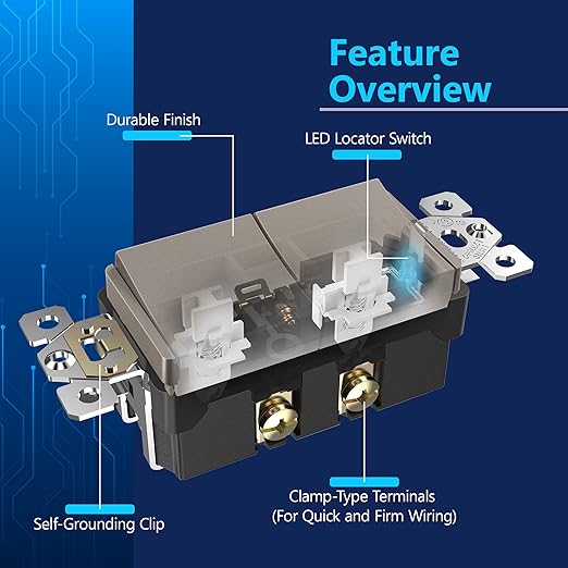 LIDER Minimalist Design Matte Finish Lighted Double Switch with Screwless Wall Plate, Combination Frameless Decorator Switch with Locator Light Ground Terminal Single Pole, 15A 120V, UL Listed, Nickel