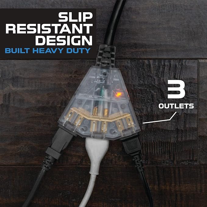 Iron Forge Cable 12 Gauge Extension Cord with Multiple Outlets - Black Heavy Duty Extension Cord 25 ft - 12/3 SJTOW, 3 Prong Lighted Outlet Cords
