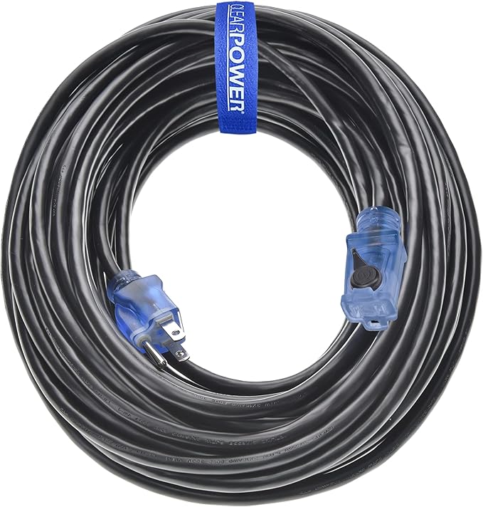 Clear Power 80 ft Outdoor Extension Cord 16/3 SJTW with Lighted Locking Connector, Black, Water & Weather Resistant, Flame Retardant, 3 Prong Grounded Plug, CP10128
