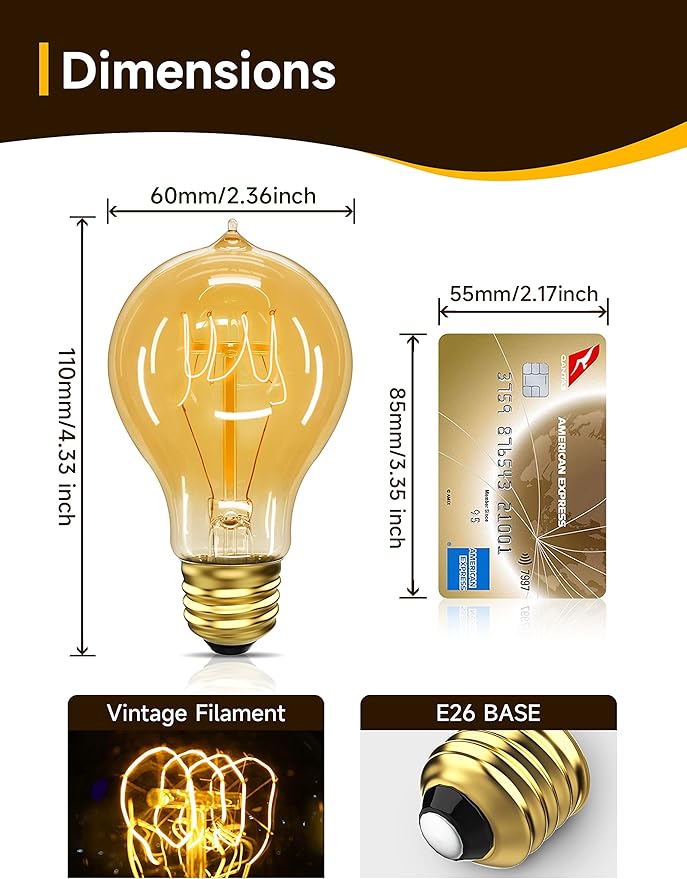 UNILAMP Edison Bulbs 40W, Vintage A19 Antique Incandescent Light, E26 Dimmable Decorative, Warm White 2700K, 110-130V, 6 Pack