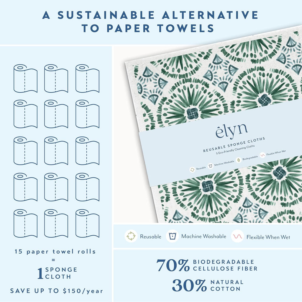 ELYN Swedish Dishcloths, Reusable & Washable Sponge Cloths, Absorbent Cleaning Paper Towels for Kitchen, Dishes, Counters and More, 5 Pack, Assorted Bohemian Patterns