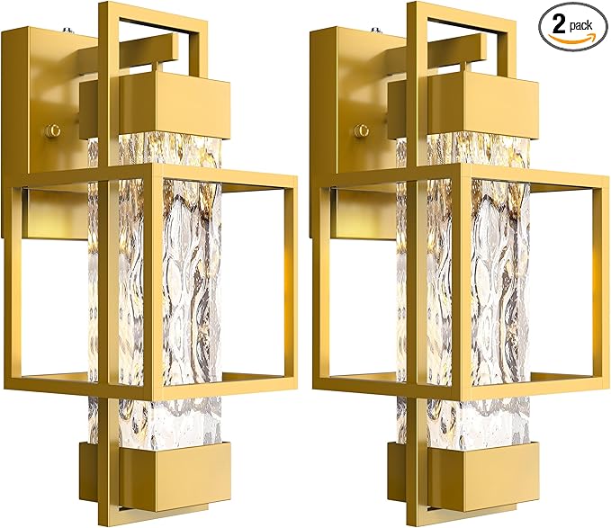 PARTPHONER Modern Outdoor Light Fixtures Dusk to Dawn Outdoor Lighting 2 Pack, 15" Exterior Wall Sconce Waterproof Outside Porch Light for House with Water Glass Black Brushed Gold