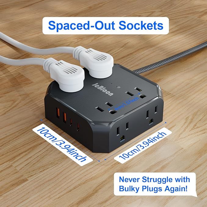 Power Strip Surge Protector - 8 Outlets with 4 USB (2 USB C) Charging Ports,JcBlaon Multi Ultra Thin Flat Plug Outlet Adapter with 5Ft Braided Extension Cord for Home, Office, Dorm,Travel Essentials