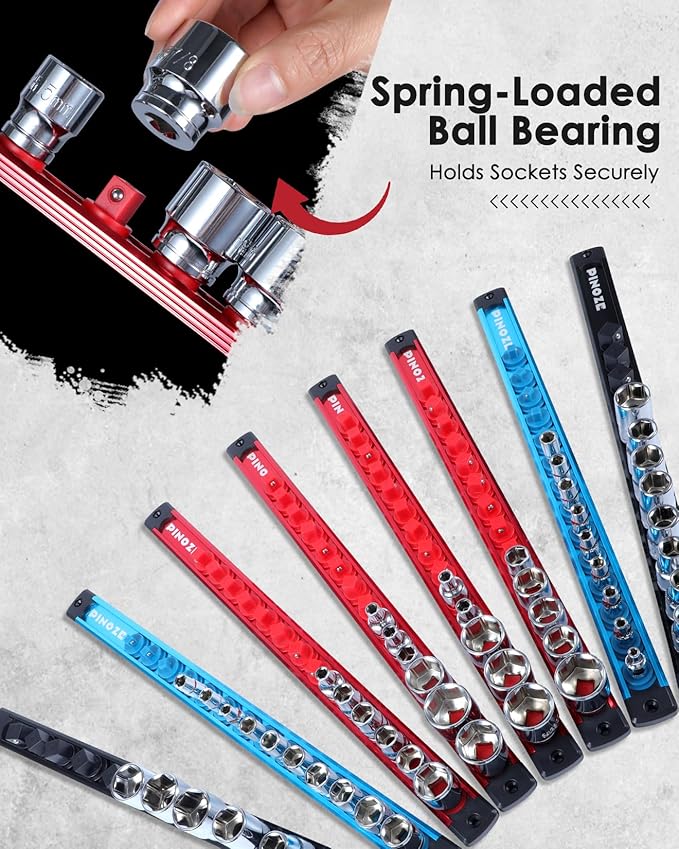 8PCS Magnetic Socket Holder Organizer Set - 1/4, 3/8, 1/2 - Aluminum Alloy Socket Rail Trays for Tool Box Drawer, Socket Rack Kit with 114Pcs Clips for Automotive Garage(Blue Red Black)
