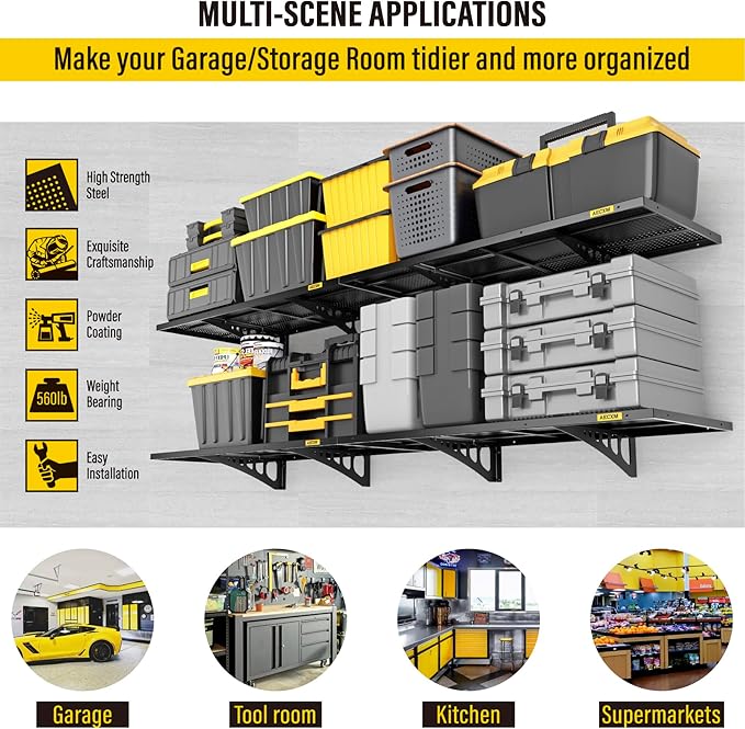 4-Pack 1.64x4ft Adjustable Garage Wall Shelving 1120lbs Load Capacity Heavy Duty Wall Mounted Storage Shelf Metal Floating Shelves for Garage(Black)