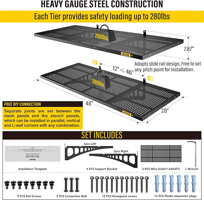 2-Pack 1.64x4ft Adjustable Garage Wall Shelving 560lbs Load Capacity Heavy Duty Wall Mounted Storage Shelf Metal Floating Shelves for Garage(Black)