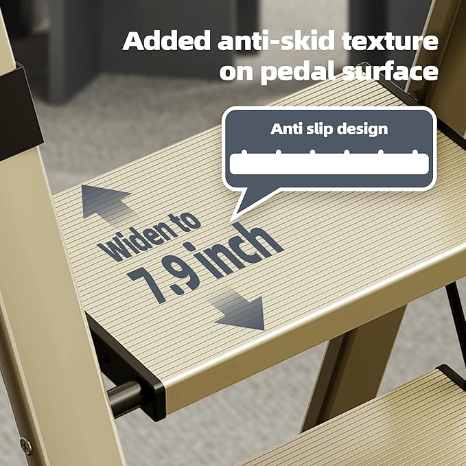 HillhutApex 3 Step Foldable Aluminum Step Ladder with Handgrip, Anti-Slip Pedal, 330 lbs Capacity, Lightweight & Portable for Home, Kitchen, Office, Garage (Gold)