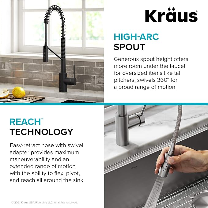 KRAUS Oletto Commercial Style Single Handle Pull Down Kitchen Faucet with QuickDock Top Mount Installation Assembly in Matte Black, KPF-2631MB