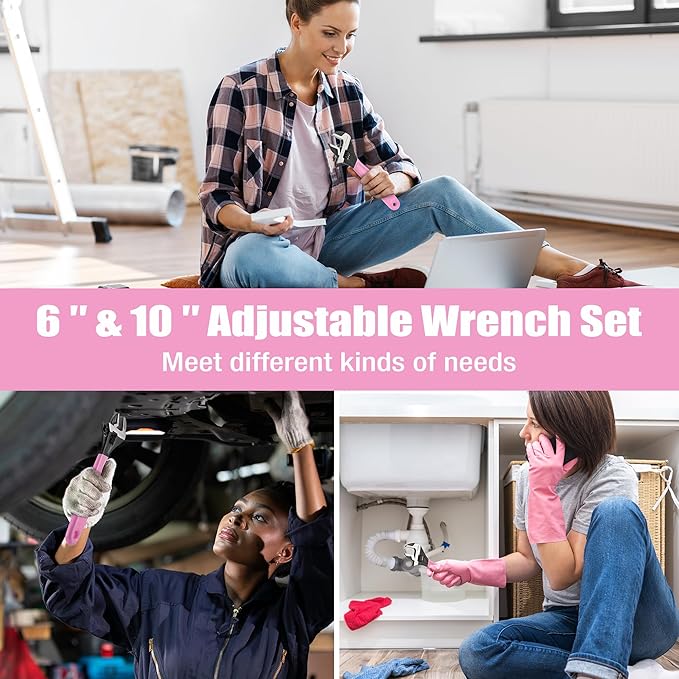 WORKPRO 2-piece Pink Adjustable Wrench Set, 6-Inch & 10-Inch Wrenches, Wide Jaw Black Oxide Wrench, Metric & SAE Scales, Cr-V Steel, for Home, Garage, Workshop-Pink Ribbon