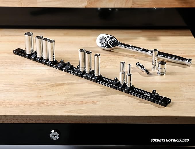 ARES 70084-1/4-Inch Drive Black Aluminum Socket Organizer - Store up to 16 Sockets and Keep Your Tool Box Organized - Sockets Will Not Fall Off this Rail