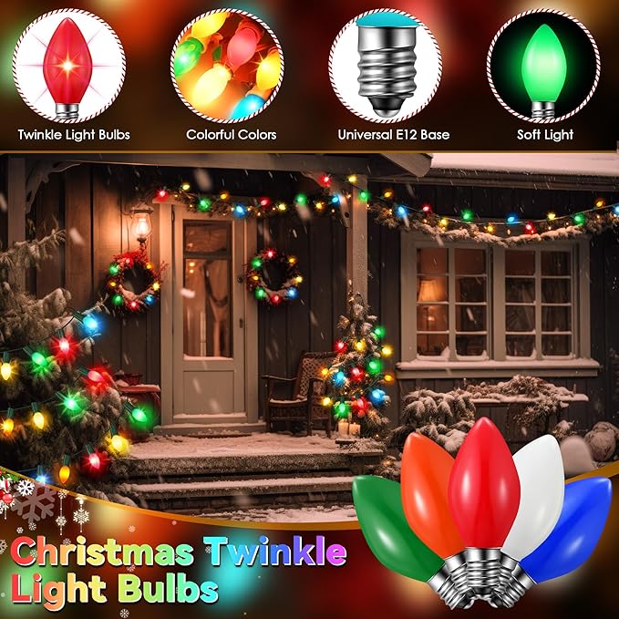 25 Pack Twinkle Christmas Replacement Bulbs, 7W Random Blinking Light Bulbs for Christmas String Light, Nightlights(Multicolor,C7,E12 Intermediate Base)