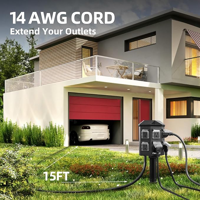 Outdoor Power Stake, 15 Feet Extension Cord Waterproof, Independently Remote Control 3 Sets of Outlets, 6 Grounded Outlets for Garden, Patio, Outdoor Decor, ETL Listed