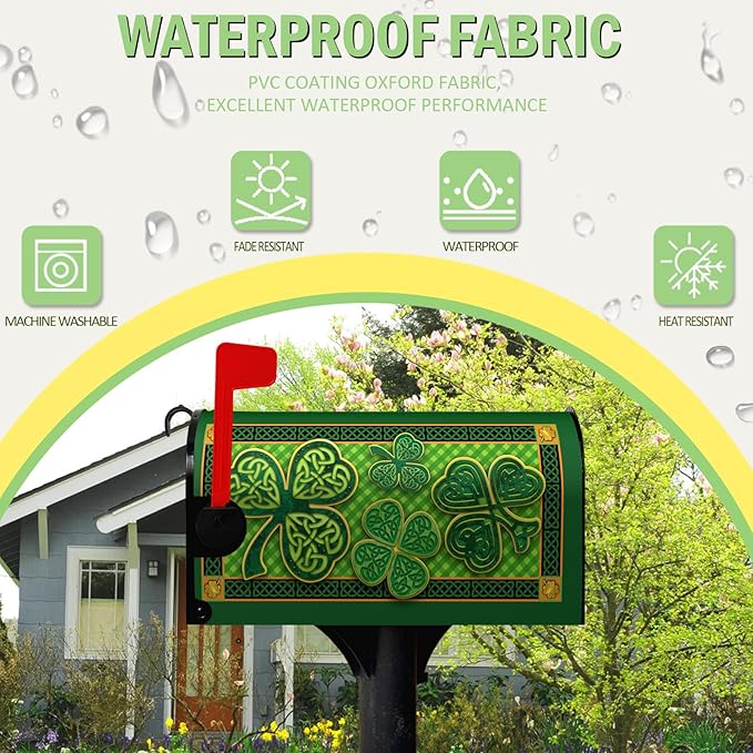 St. Patrick's Day Mailbox Cover - Magnetic, Standard Size, Green Shamrocks & Four Leaf Clover, Waterproof, 21x18 Inch