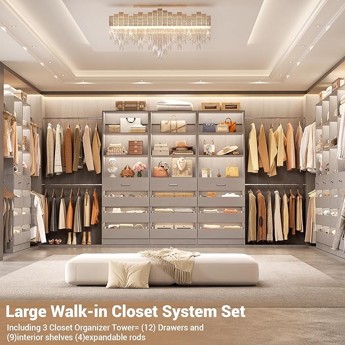 Aheaplus Closet System with 12 Drawers, 8.5-11.5Ft Wood Closet Organizer System with 4 Hanging Rods & 3 Towers, 4Ft & 6Ft L-Shaped Walk-in Closets Wardrobe Organizer Clothes Rack, Set of 3, Grey1