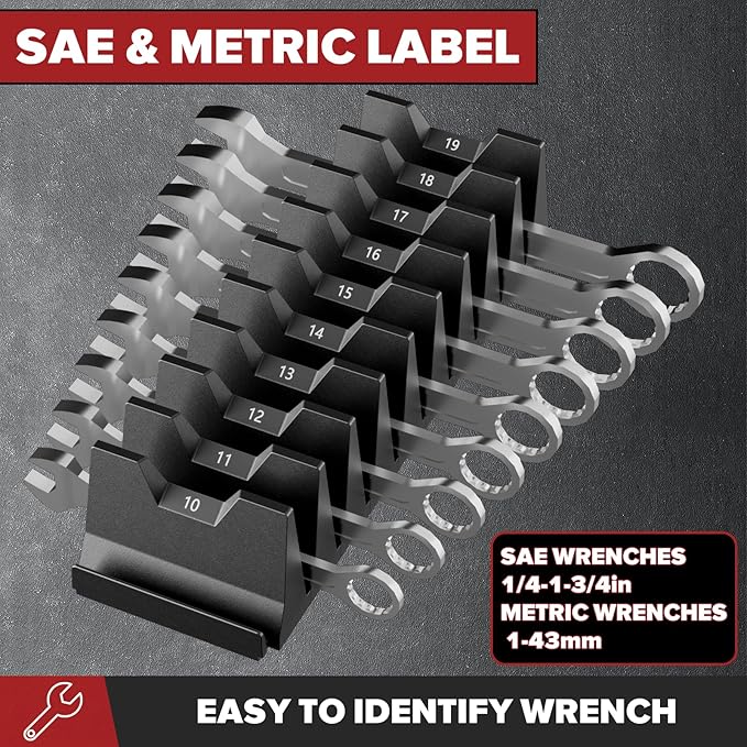 80PCS Modular Wrench Organizer Wrench Holder - Wrench Tool Organizers for Tool Drawer Storage, Wrench Storage Set with Metric & SAE Label, Rack Tool Gift for Professional Mechanics Men, Black