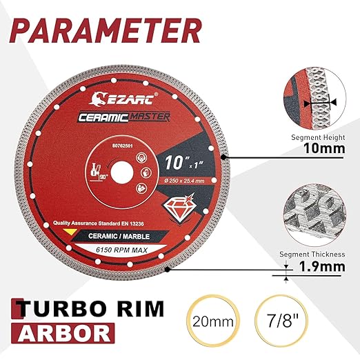 EZARC 10 Inch Diamond Saw Blade, 1" Arbor with 5/8" Brass Washer Adapter, Super Thin Tile Blade for Angle Grinder, Smooth Cutting for Porcelain Ceramic Granite Marble (1-Pack)